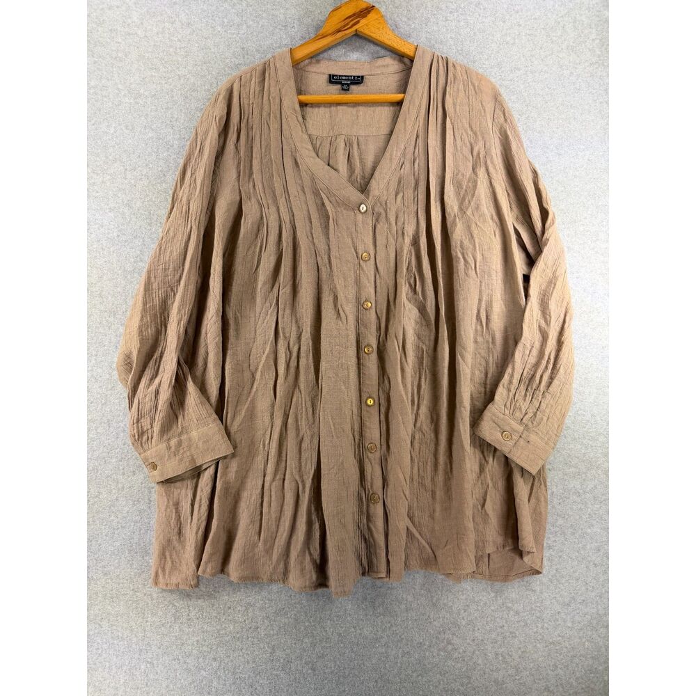 Elementz Woman Plus Size 2X Taupe Button Front Crinkle Blouse Tunic 3487